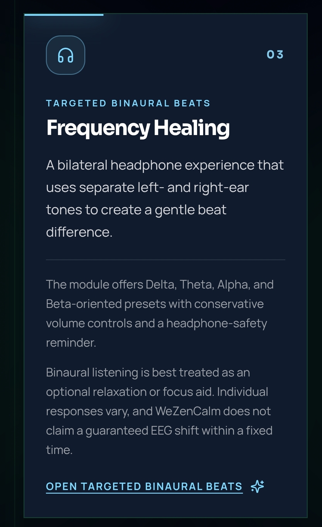 03 Frequency Healing — Delta, Theta, Alpha and Beta binaural presets.