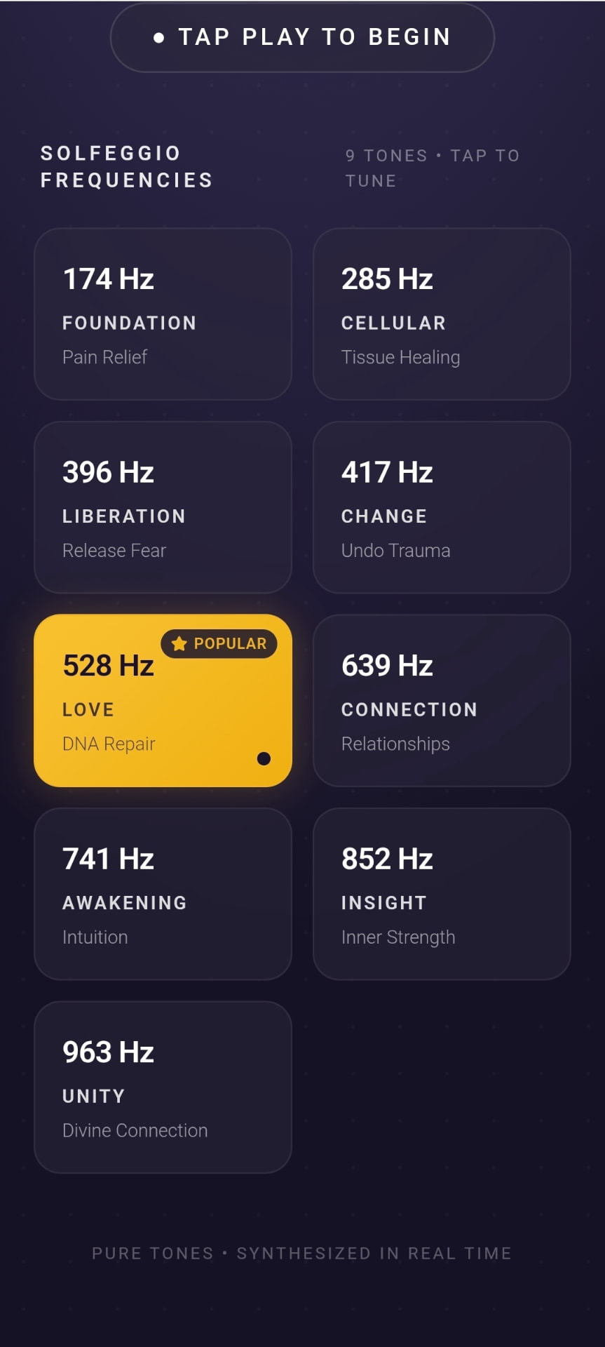 Nine Solfeggio tones, each with its own purpose — tap to tune.
