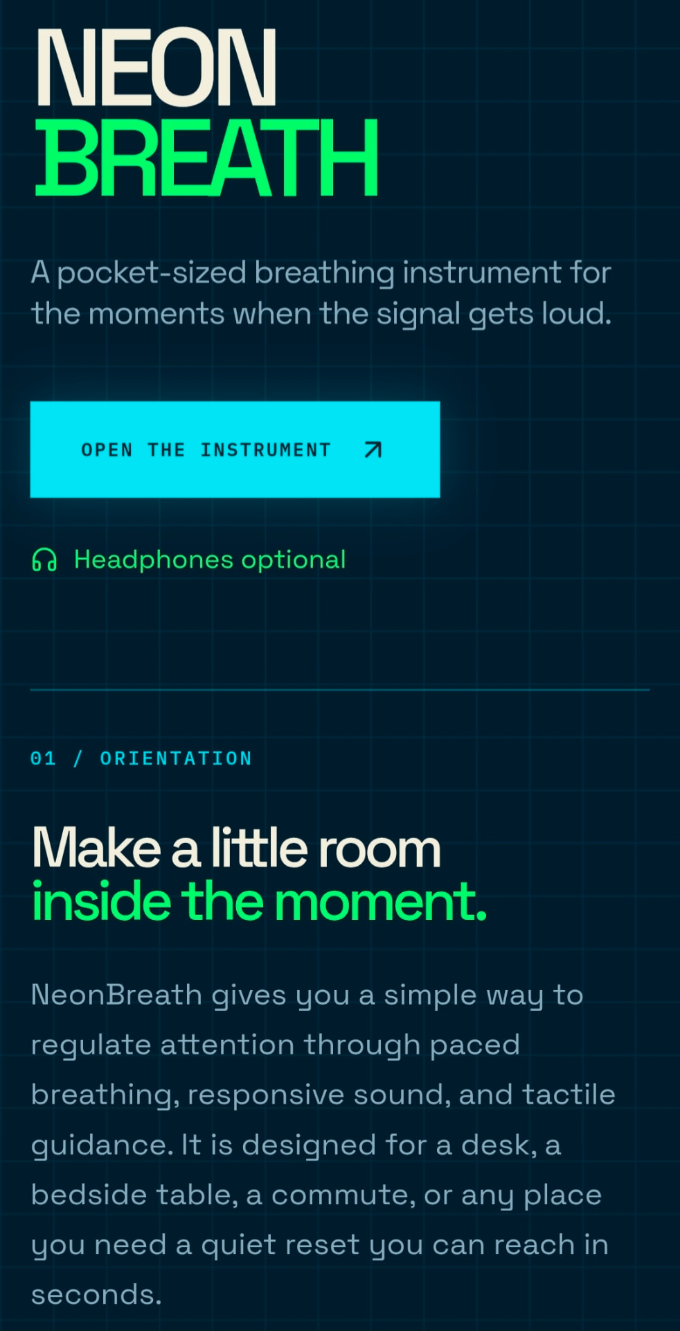 Your welcome page — open the instrument in one tap.