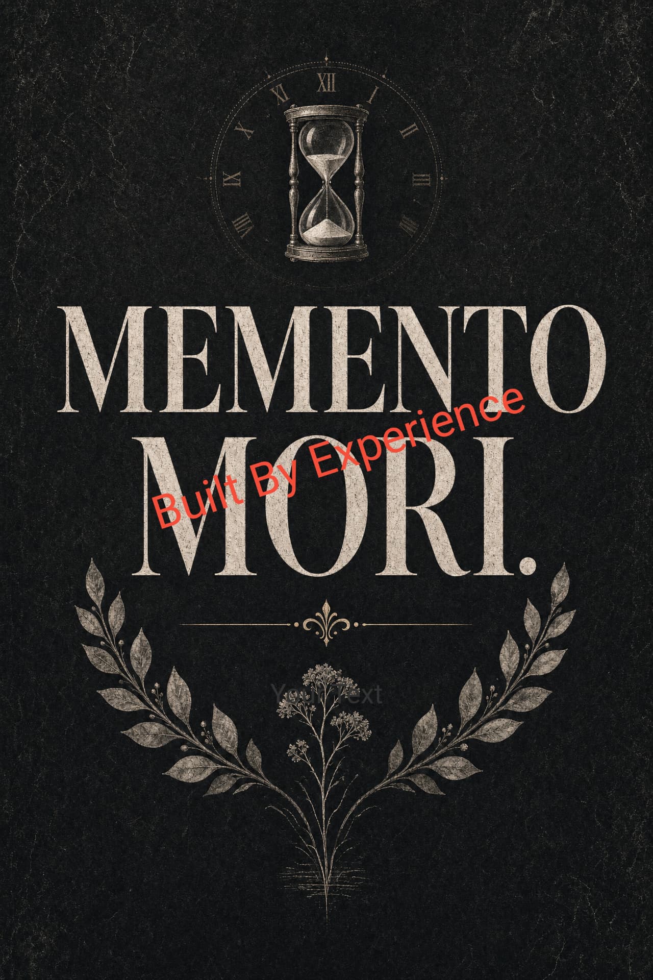 Memento Mori — time wreath, hourglass framed by a clock face and laurel.