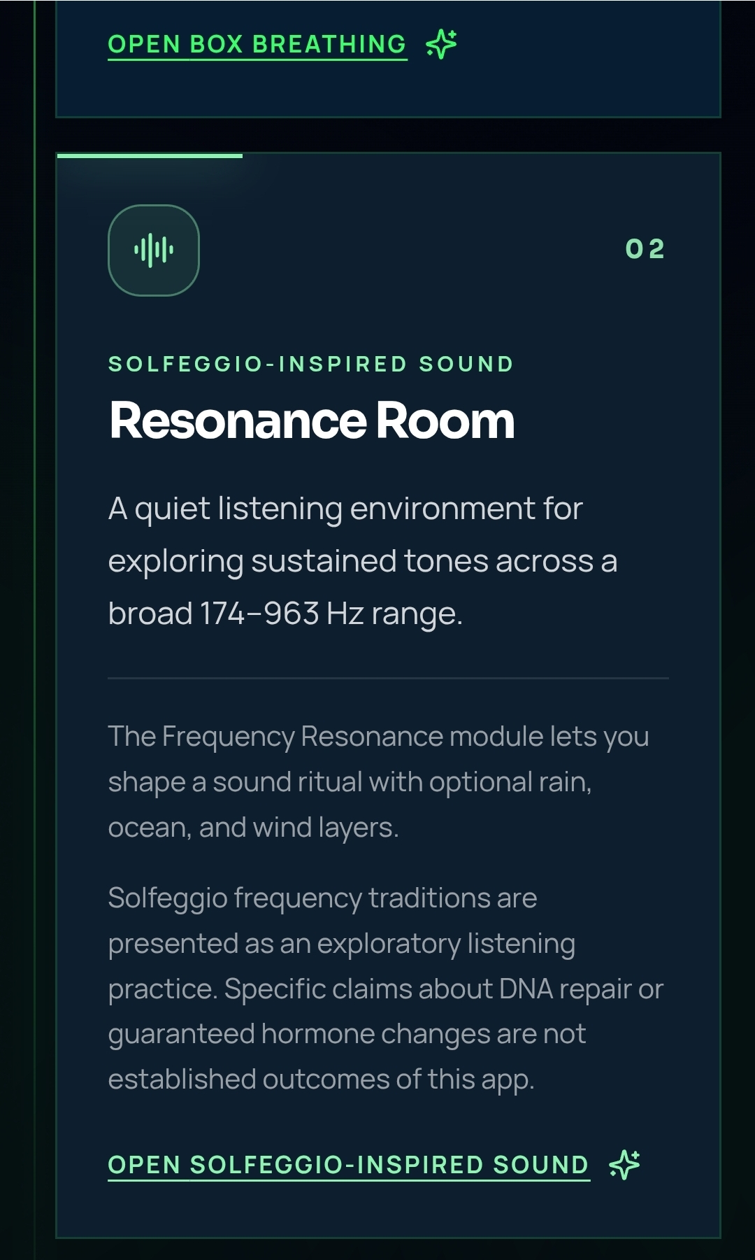 02 Resonance Room — sustained tones across a 174–963 Hz range.
