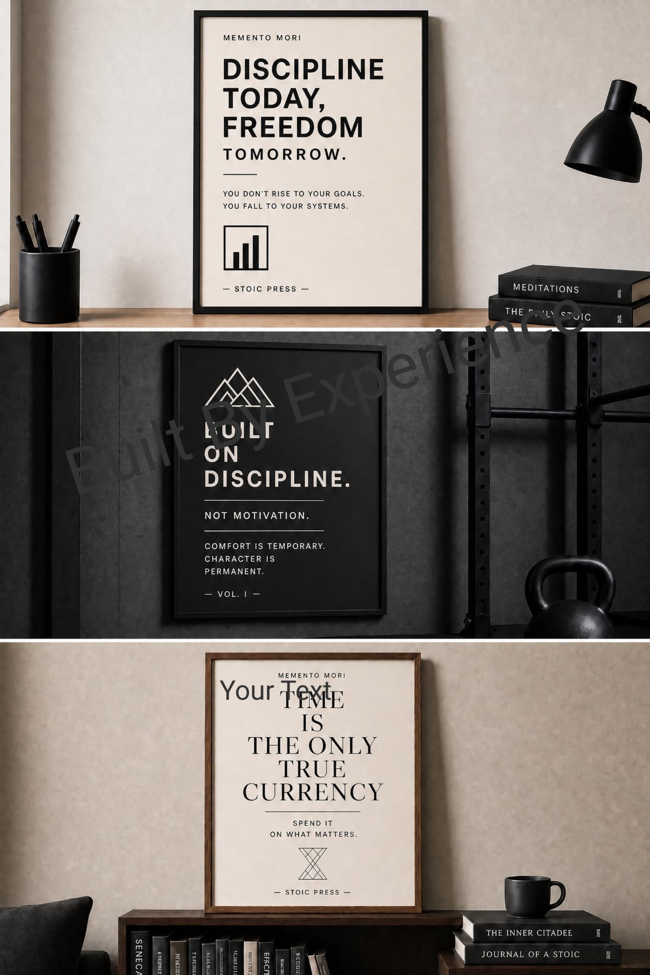 Built On Discipline — shown framed in the room.