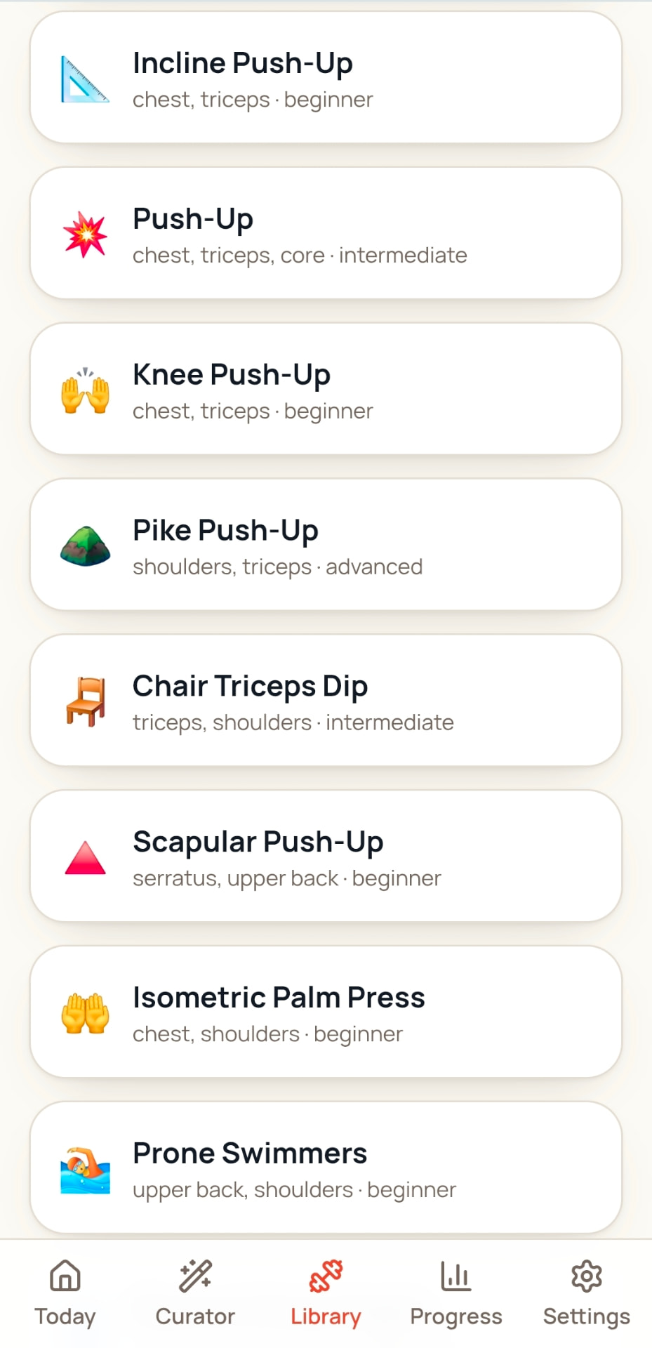 Search the library by exercise or muscle group.
