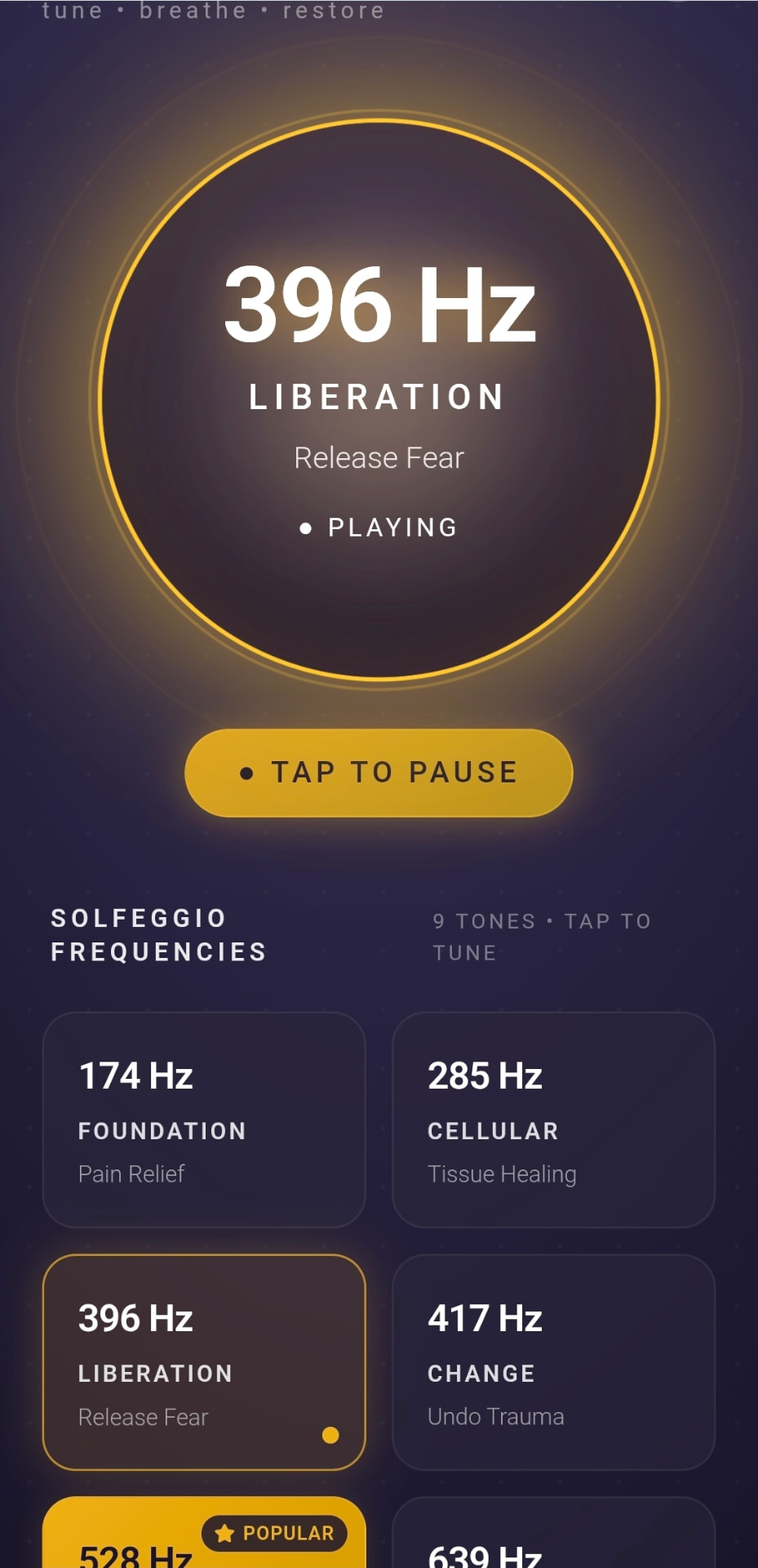 396 Hz Liberation — switch tone at any moment, no menus.