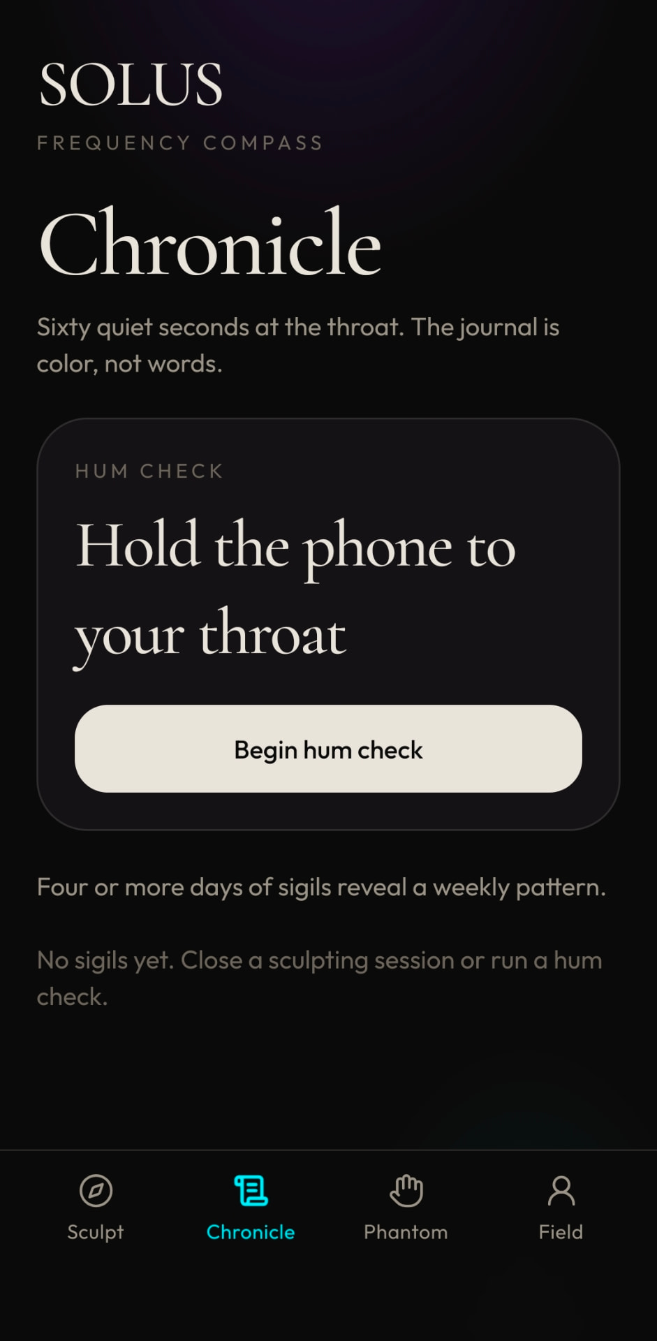 Chronicle: sixty quiet seconds at the throat — colour, not words.