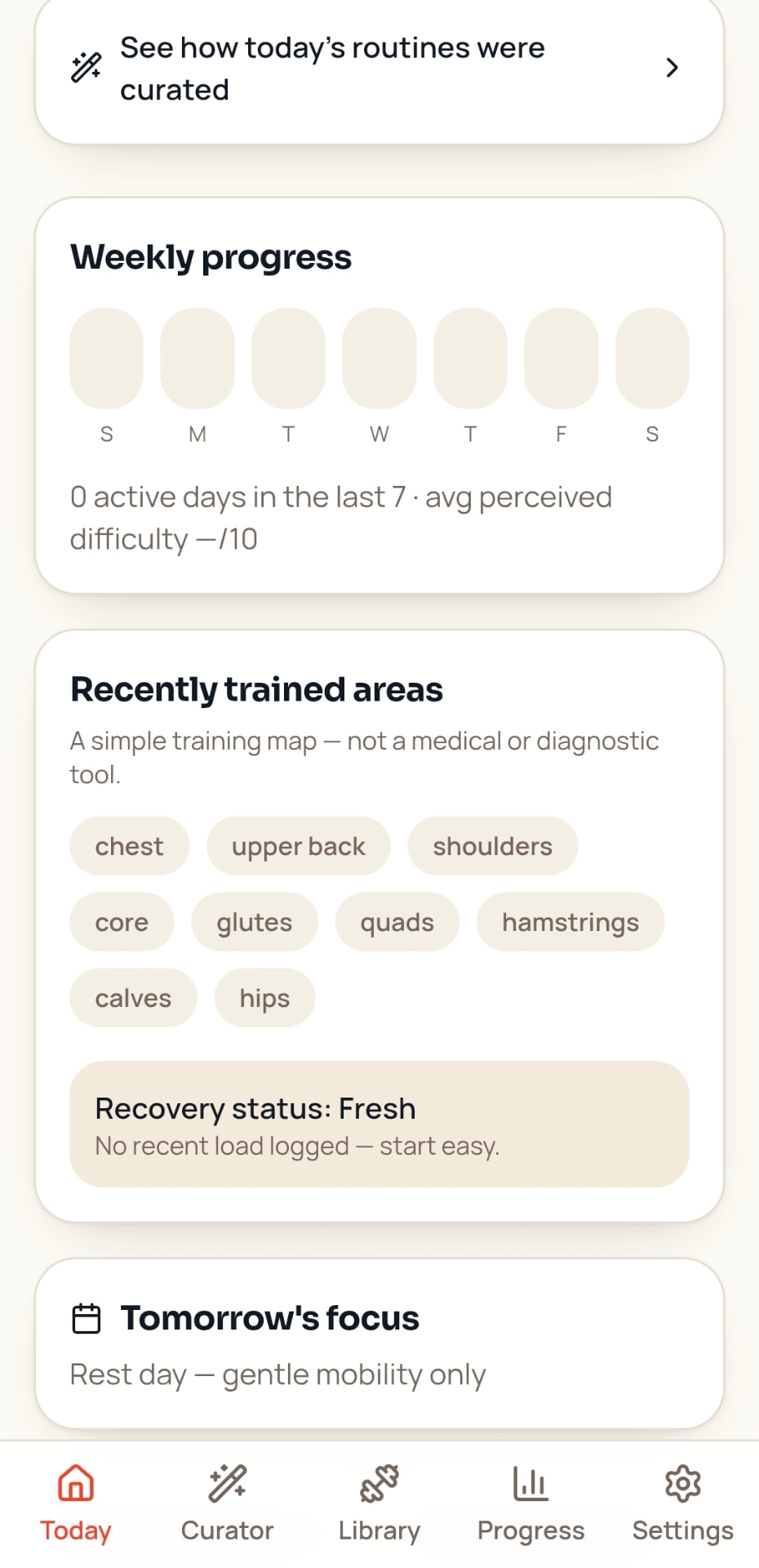 Weekly progress, recently trained areas, and tomorrow's focus.