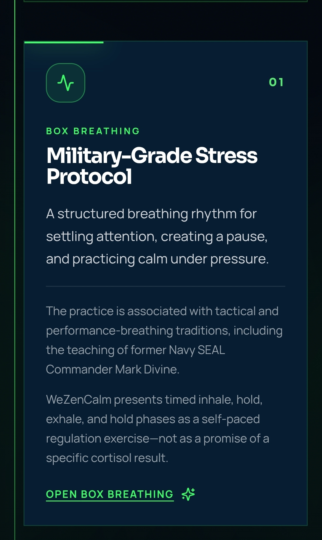 01 Box Breathing — a structured rhythm for calm under pressure.