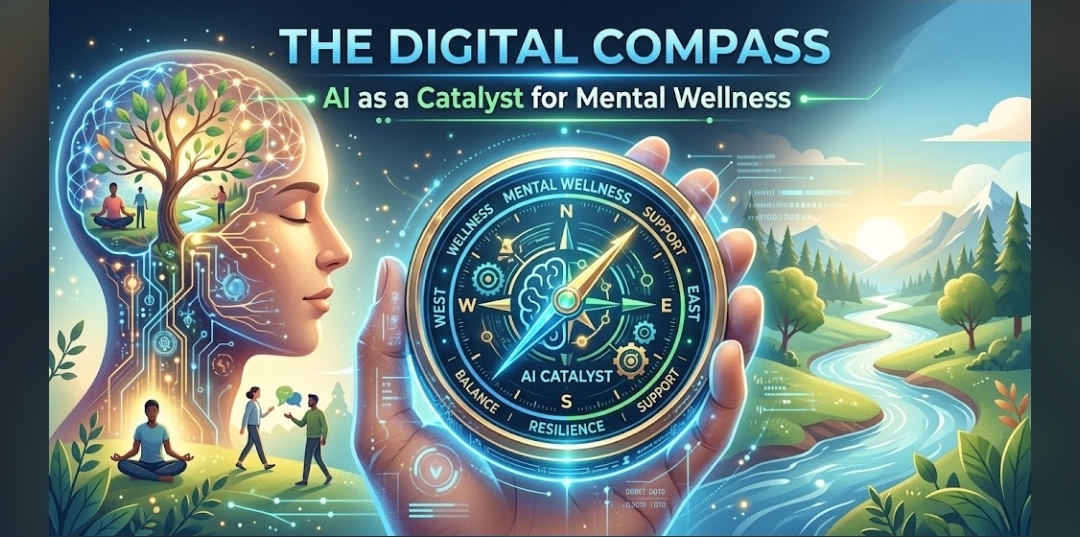 The Digital Compass illustration: a hand holding a glowing compass labeled mental wellness, balance, resilience and AI catalyst